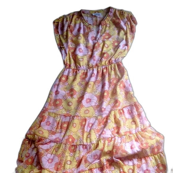 Steve Madden Pink and Yellow Flutter Sleeve Sundress Leigh Midi Chiffon Floral M - Picture 14 of 14